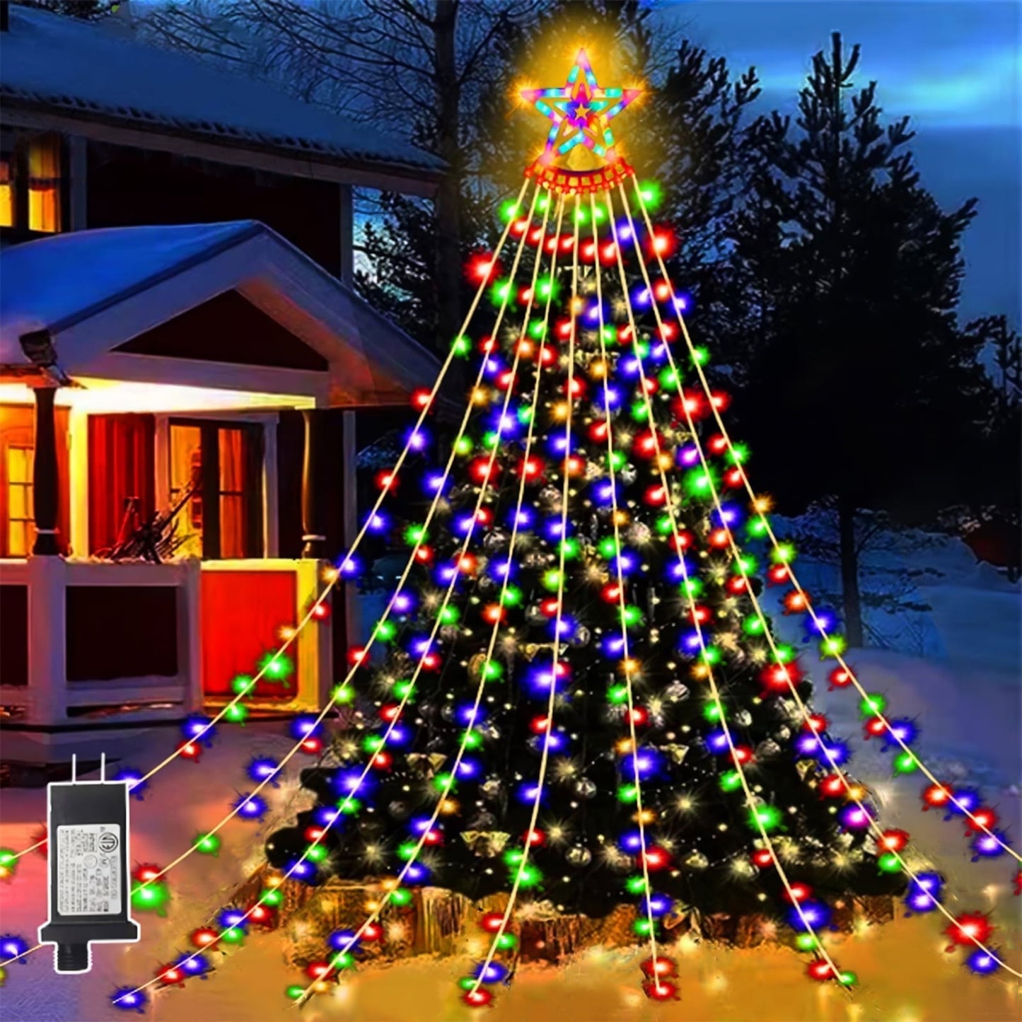 Posrue Outdoor Christmas Decoration Lights, 8 Modes & 350 LED Christmas String Lights Waterfall Fairy Tree Lights Indoor Outdoor Holiday Lighting Decorations, Multicolor, Plug-in