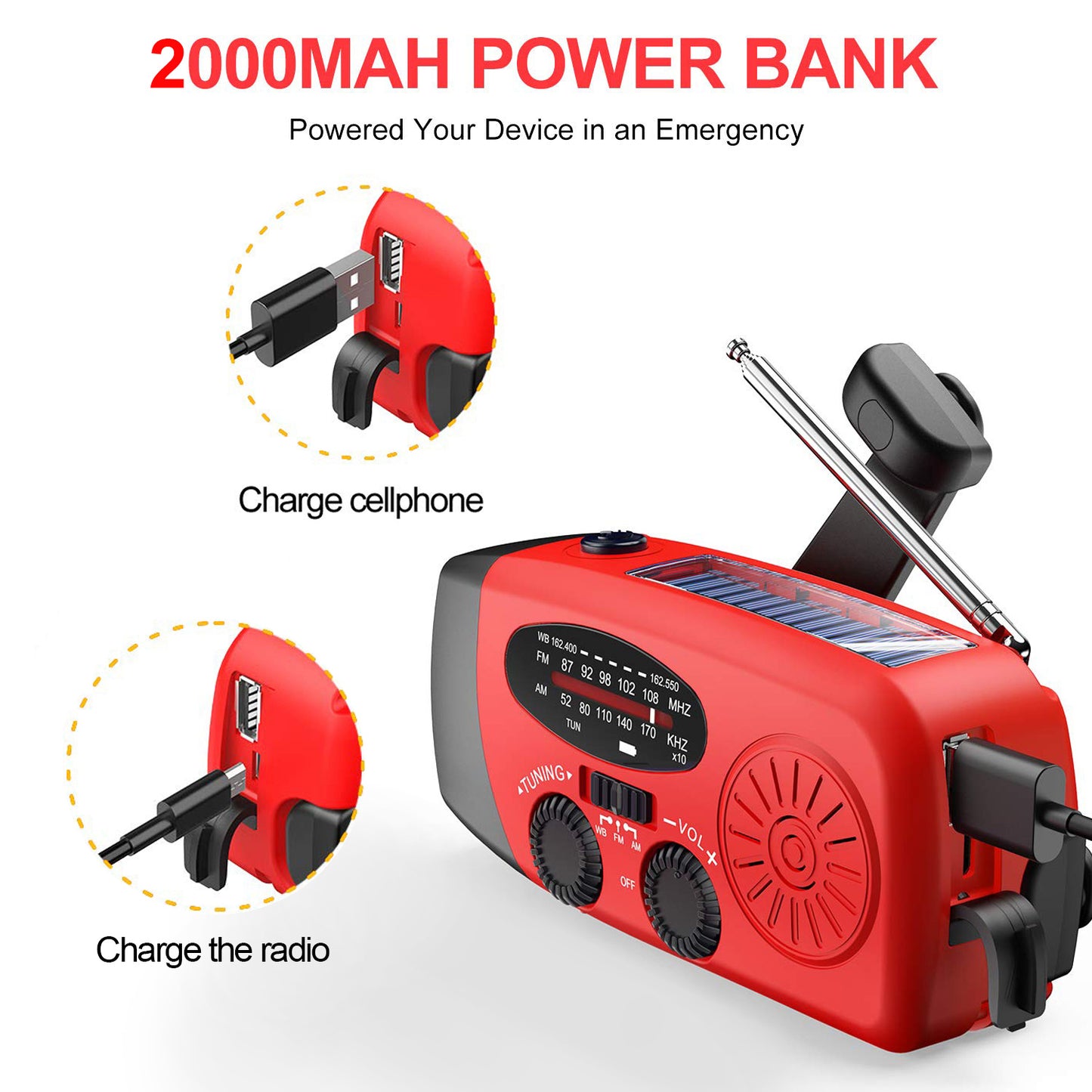 NOAA Weather Radio, Qunler AM FM WB Portable Hand Crank Solar Emergency Radio, 2000mAh Rechargeable Power Bank for Phone Charger, Weather Alert, Flashlight for Emergency