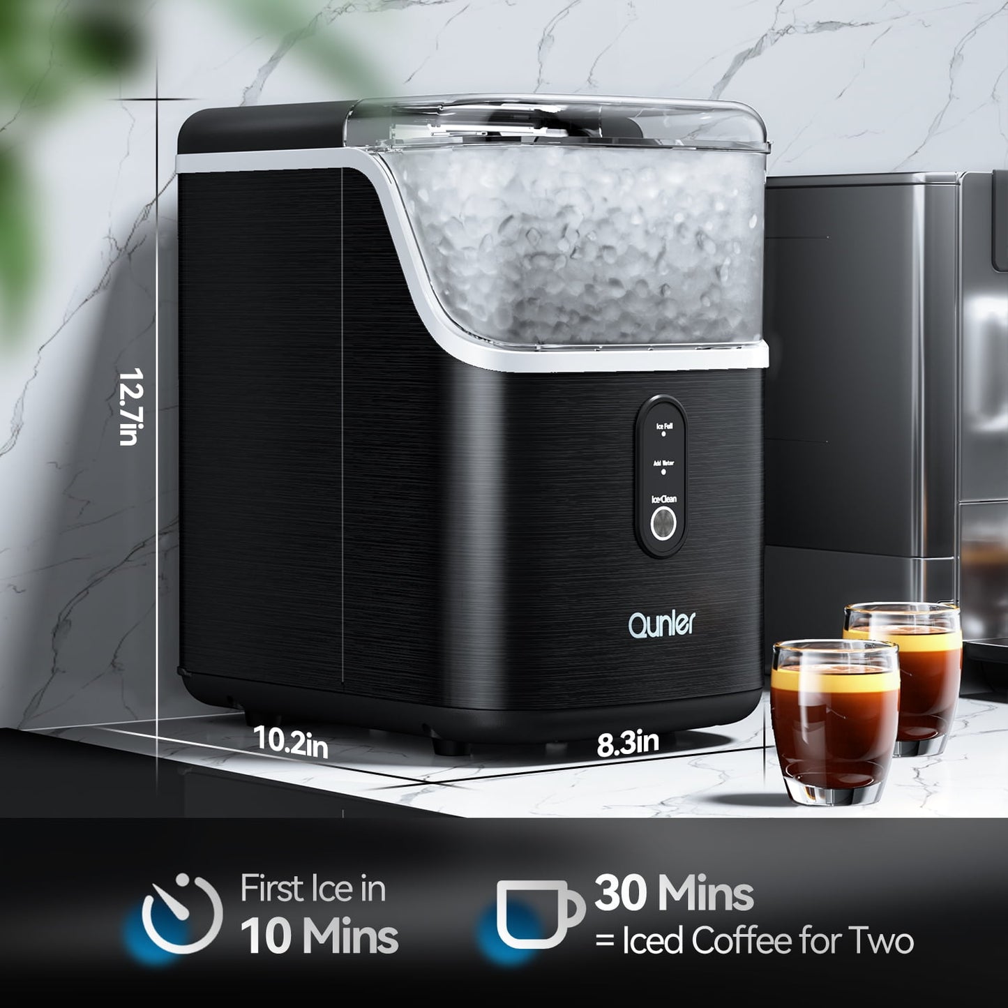 Qunler Nugget Ice Maker Countertops, 33lbs Per Day Portable Pebble ice machine, Crushed ice maker with Soft Chewable Ice for Home, Party, RV, Camping, Stainless Steel Black