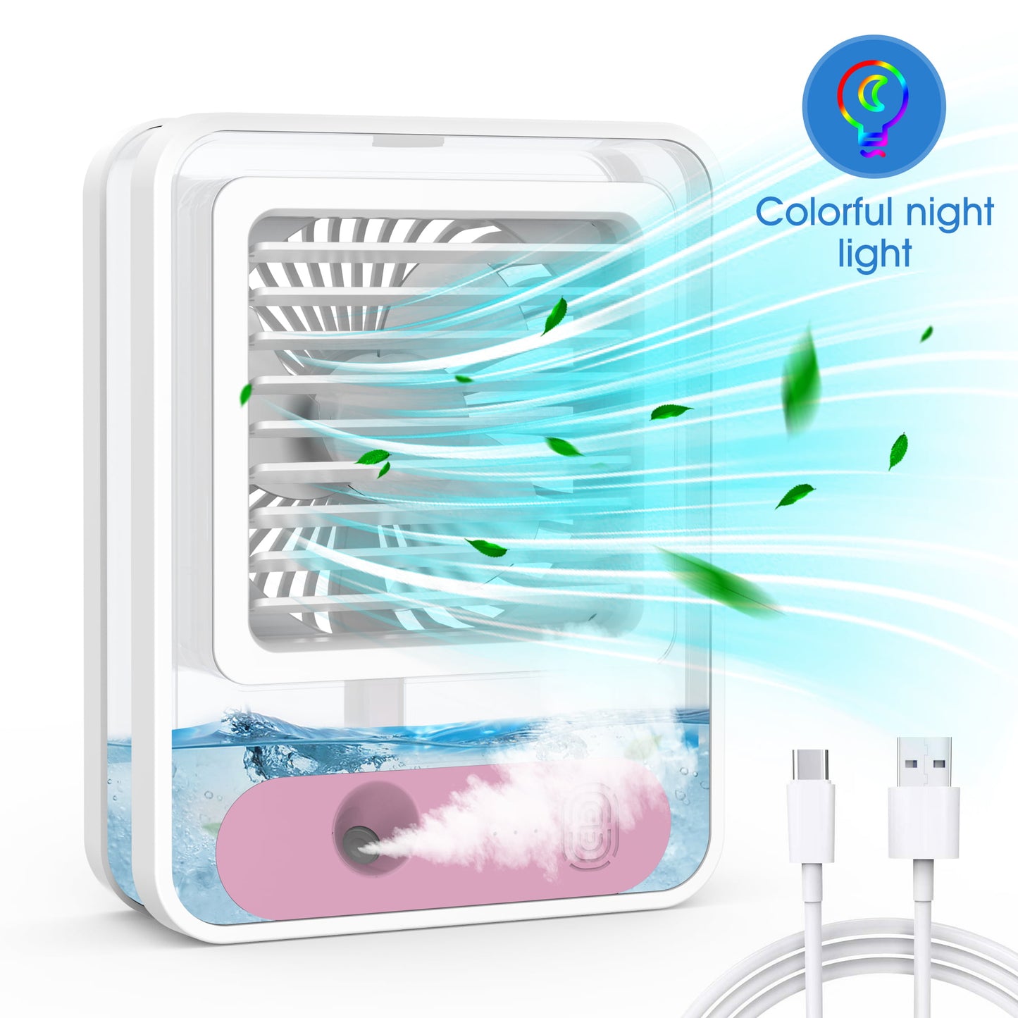 Personal Air Conditioner Fan, Portable Air Cooler with Colorful LED Light Rechargeable Spray Desk Fan for ?Small Room, Desktop, Office, Study Room