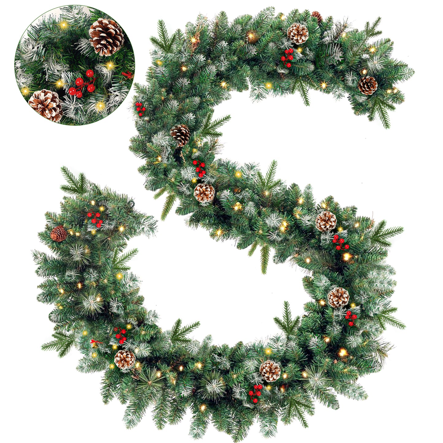 Melliful 9FT Pre-Lit Christmas Garland with Lights, Red Berries Branches Pine Cones Artificial Christmas Decoration for Outdoor Indoor Decor