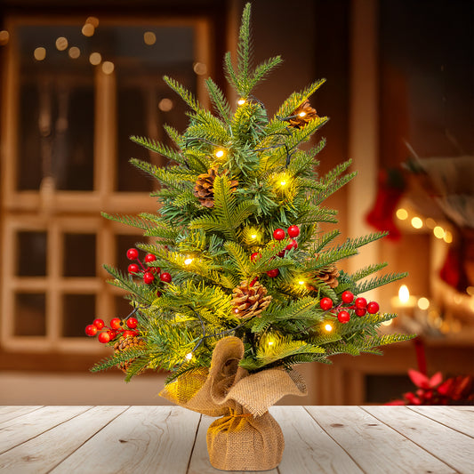 24 inch Tabletop Christmas Tree, Artificial Mini Christmas Tree Desktop Christmas Pine Tree with Hanging Ornaments and Stand for Christmas Holiday Decoration