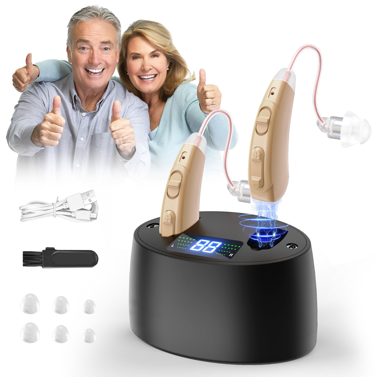 Personal Sound Amplifiers for Ears with Noise Reduction, Mini Invisible Rechargeable Digital Personal Sound Amplifier for Seniors, 2pcs ,Beige