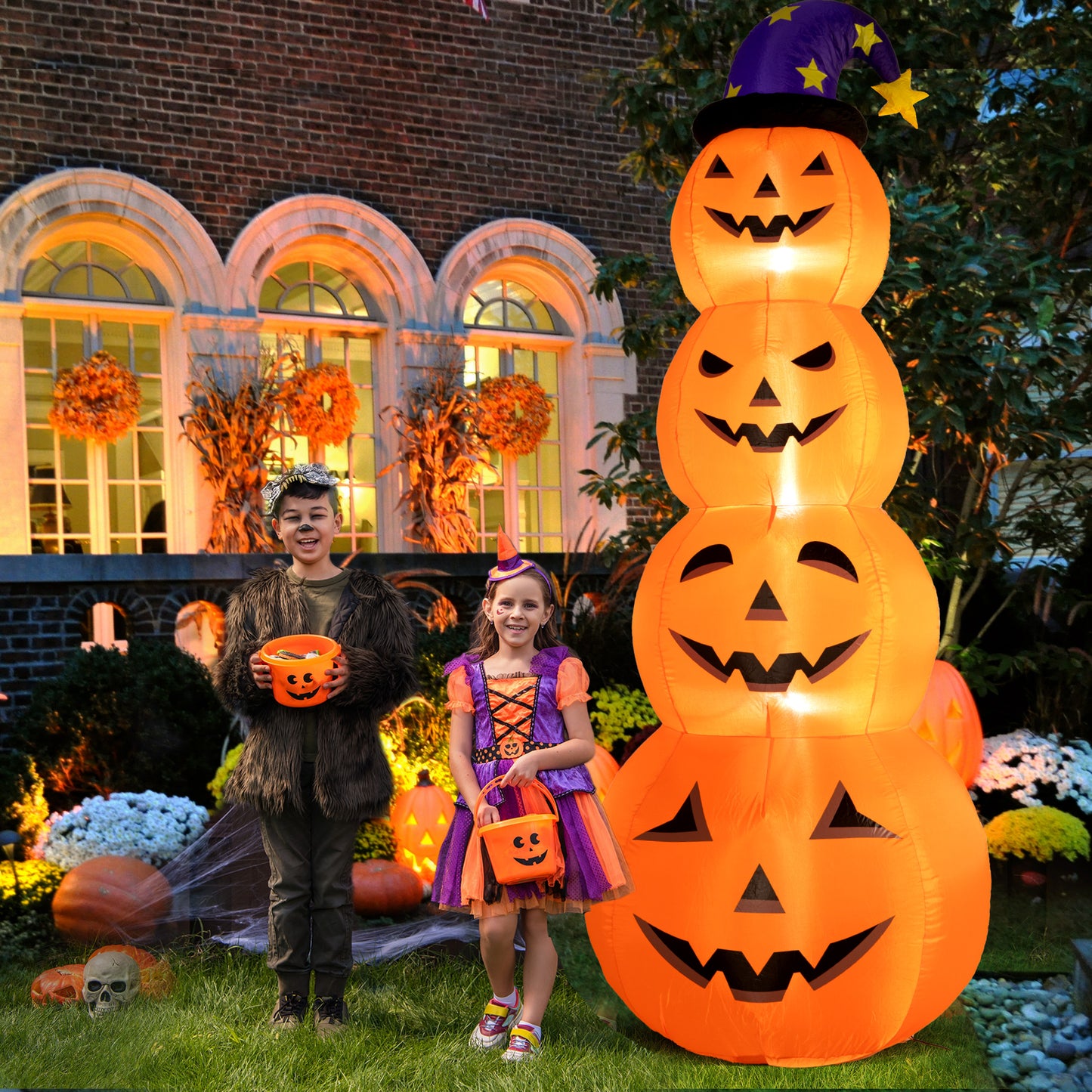 8 Ft Halloween Inflatable, Stacked Pumpkins with Witch Hat Inflatable with Build-in LED Lights, Blow up for Indoor Outdoor Lawn Yard Garden Home Party Halloween Decor, Orange