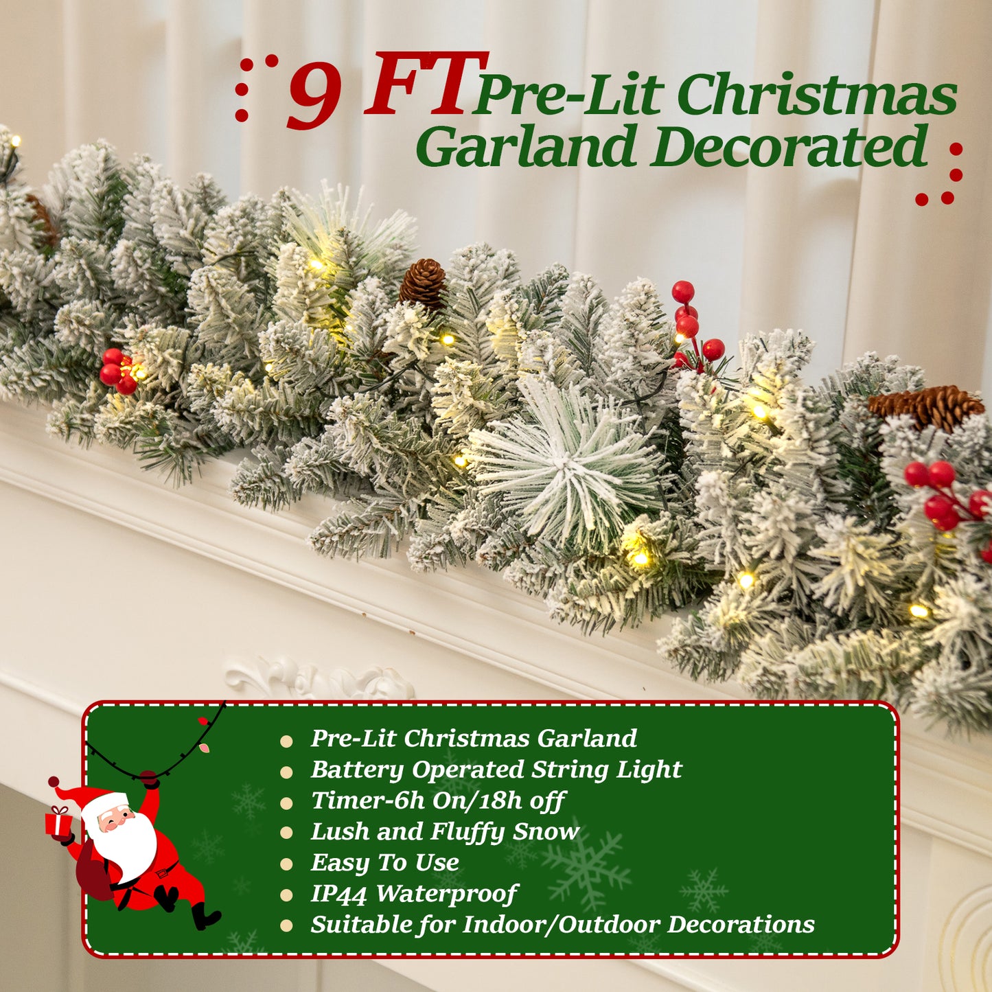 9FT Pre-Lit Christmas Garland with LED Lights, Snow Flocked Xmas Garland for Outdoor Indoor Xmas Decoration Home Fireplace Front Stairs Railing Decor, Battery Operated
