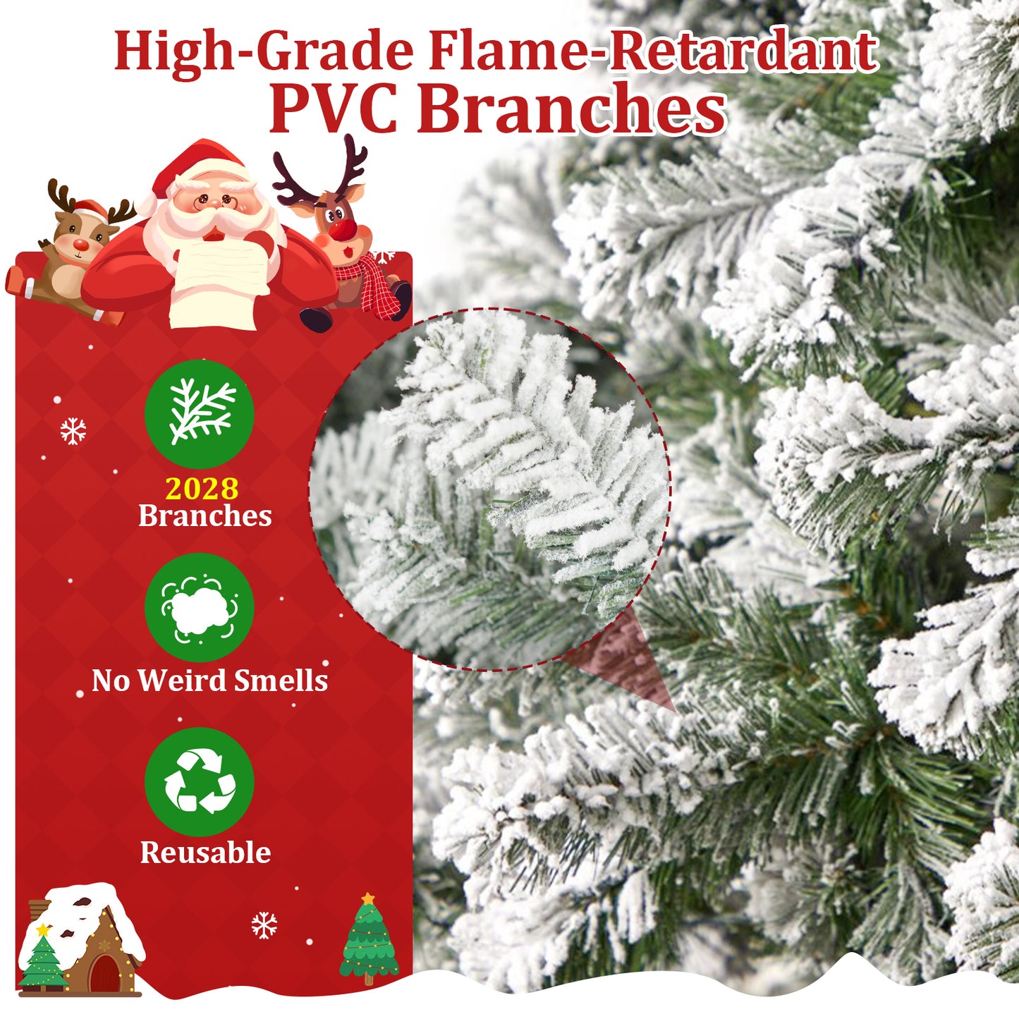 9ft Snow Flocked Christmas Tree with 2028 Tips, Artificial Snowy Xmas Pine Tree with Reinforced Metal Base for Home Office Party Holiday Decorations ,White(NO light)