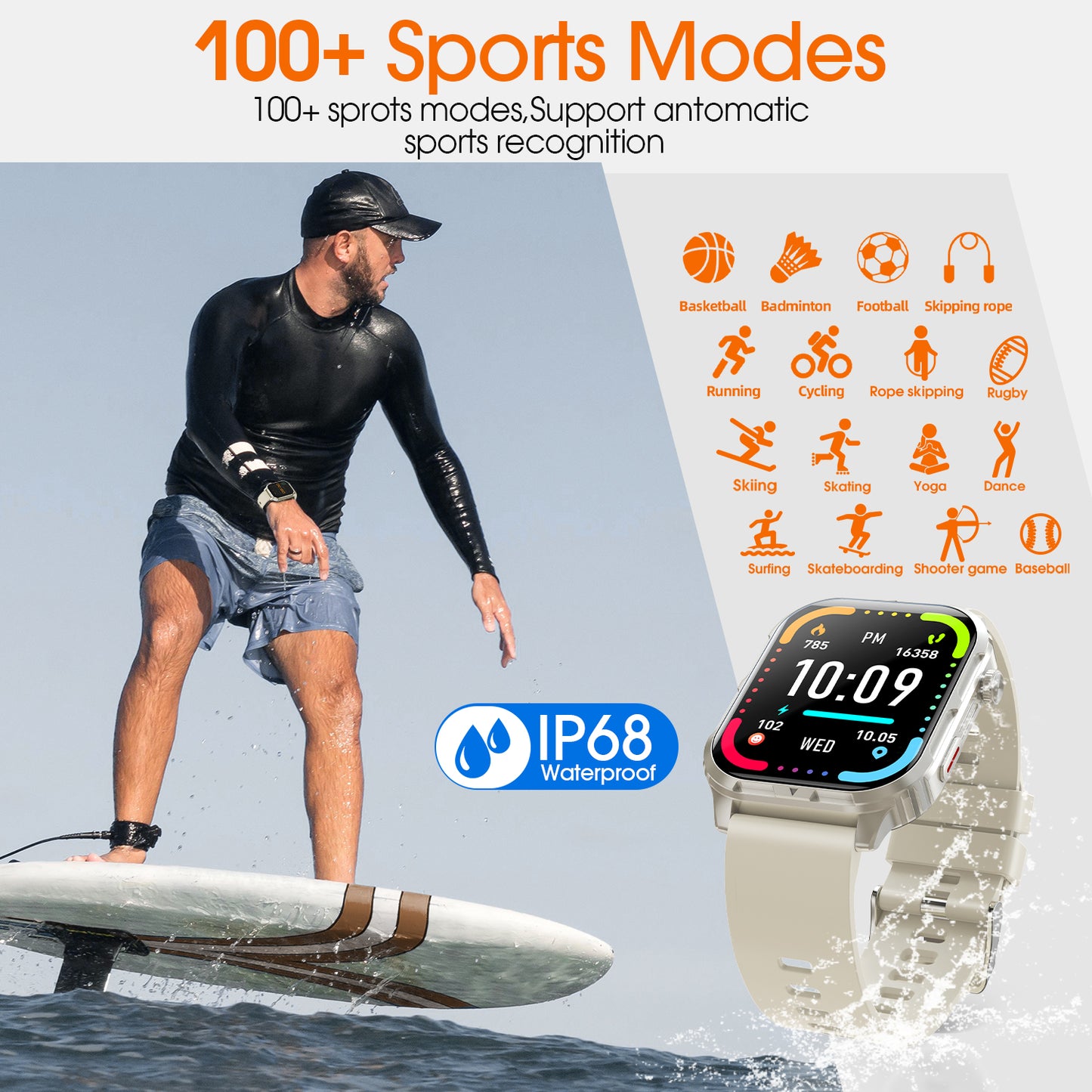 Posrue H5 Smart Watch with Bluetooth Call, IP68 Waterproof Fitness Tracker for Women and Men, Beige