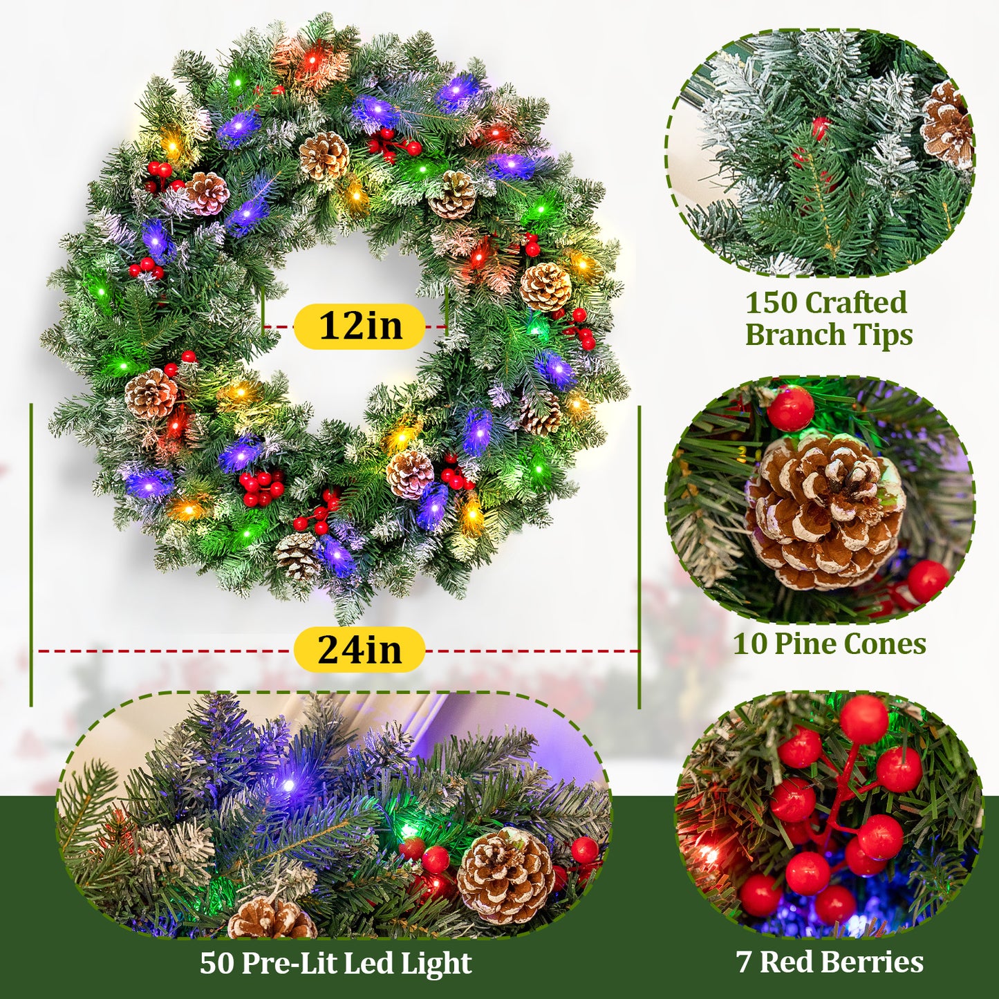 Posrue 24" Pre-Lit Christmas Wreaths, Outdoor Lighted Christmas Wreath for Front Door, Christmas Red Berries, Pine Cones Wreath, Xmas Wreath Decor for Window Fireplace Indoor, Green