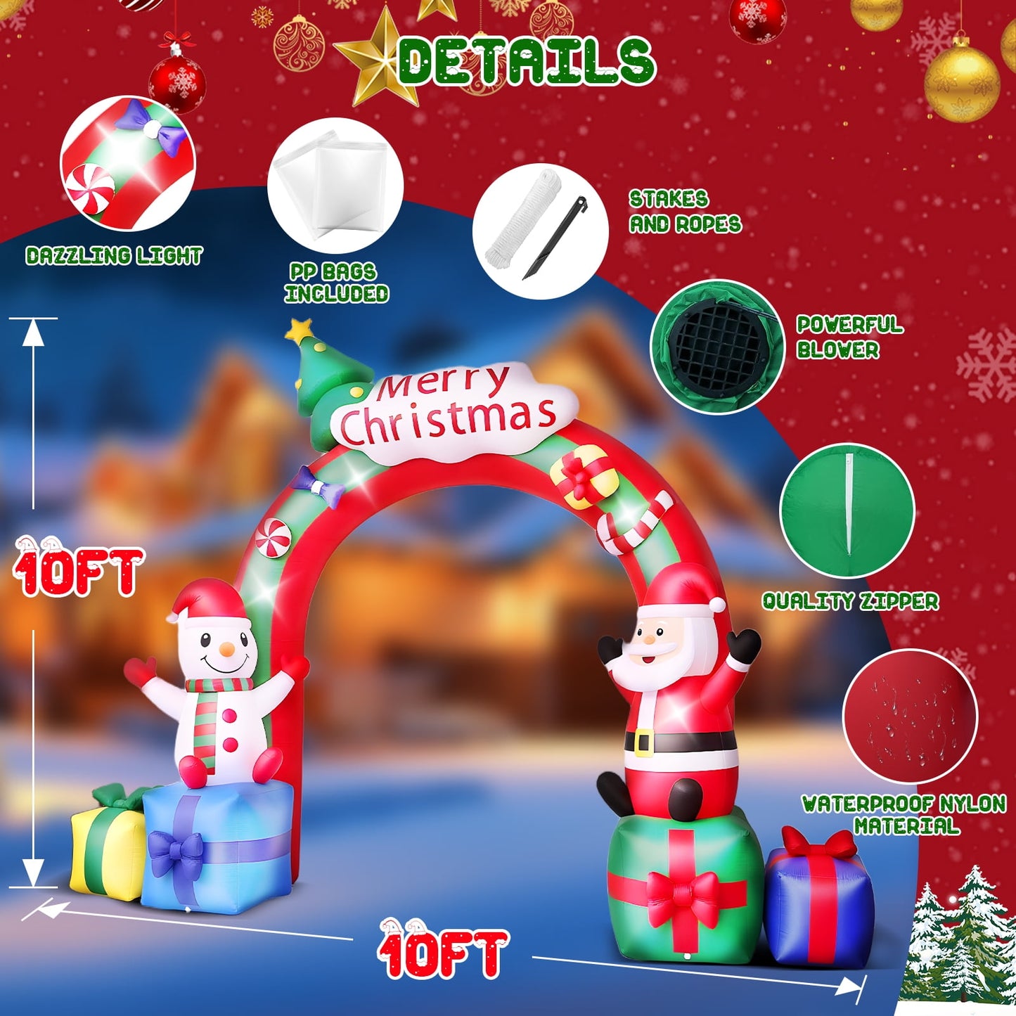 10FT Long Christmas Inflatable Archway Santa Claus and Snowman with Bow LED Lights Yard Art Decoration