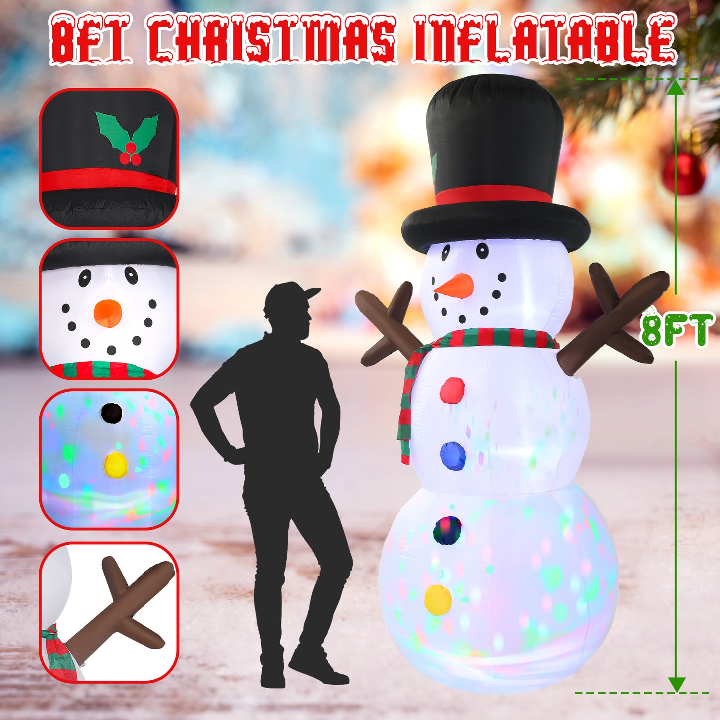 8FT Christmas Inflatable Snowman, Built-in light up for Indoor Outdoor Decoration Xmas Party Decor