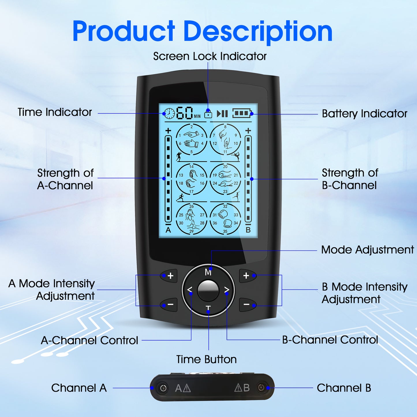 TENS Unit Rechargeable Muscle Stimulator EMS Dual Channel with 10 Reusable Electrode Pads 36 Modes for Back Neck Pain Muscle Therapy Pain Management Pulse Massager,Black