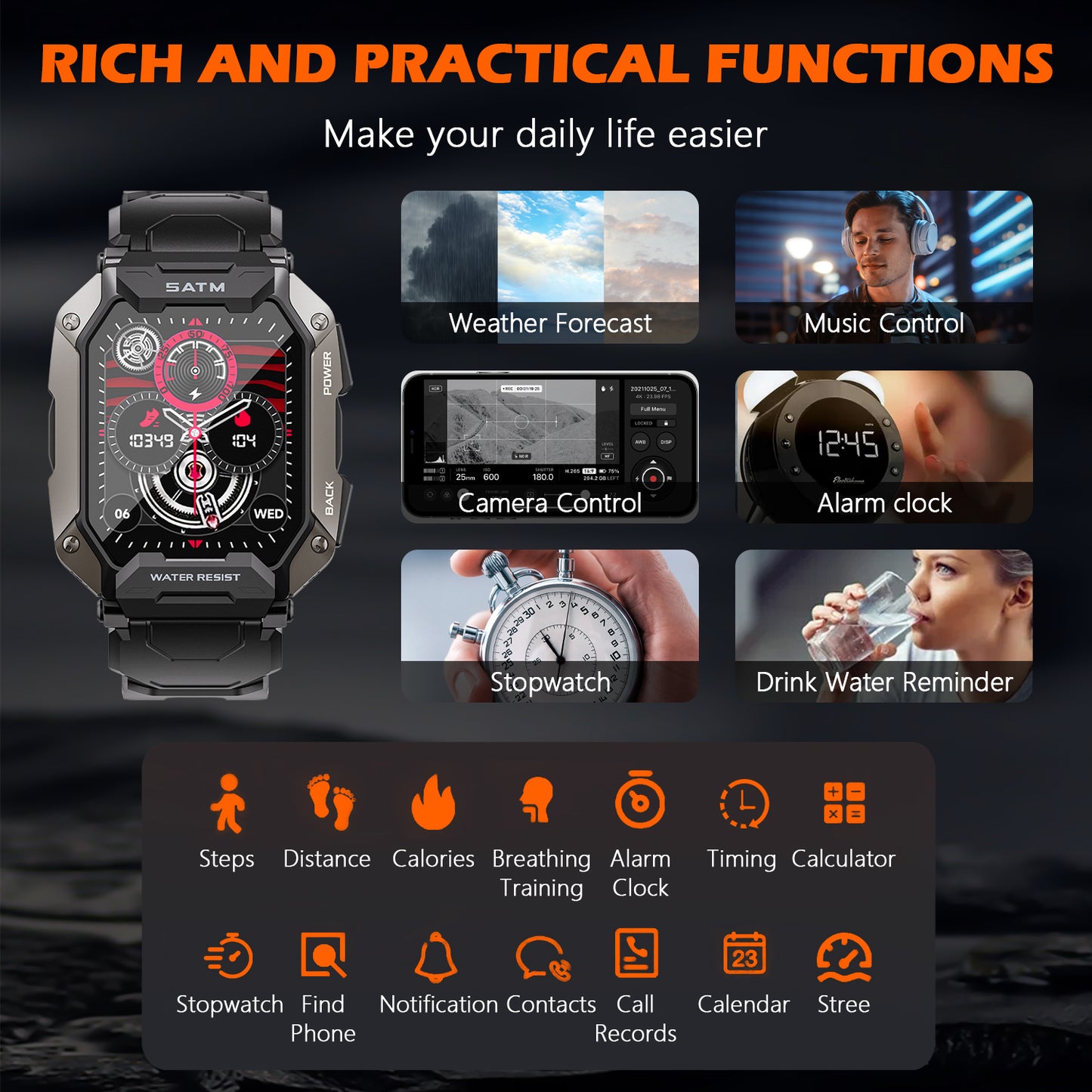 Military Smart Watches for Men, 1.81'' HD Outdoor Sports Rugged Smartwatch for Android and iPhone Compatible, Black