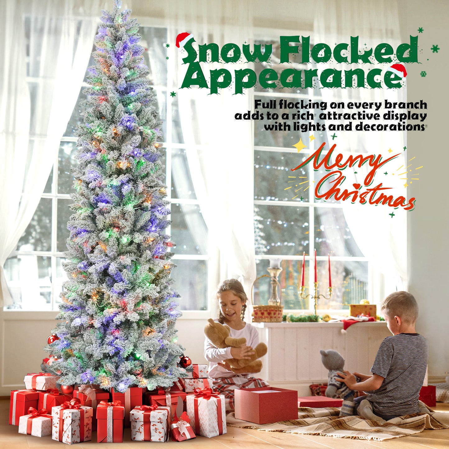 7.5FT Pre-Lit Snow Flocked Pencil Christmas Tree, 250 Lights 1000 Tips Artificial Xmas Tree with 8 Light-Modes, Metal Base Stand for Home Holiday Decoration, White