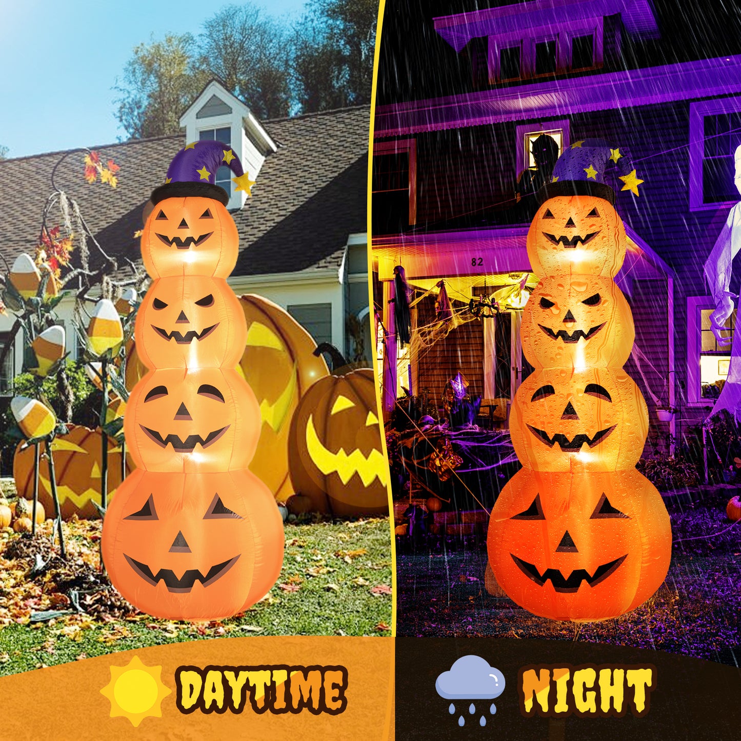 Posrue 8 ft Halloween Inflatable, Stacked Pumpkins with Witch Hat Inflatable with Build-in LED Lights, Blow up for Indoor Outdoor Lawn Yard Garden Home Party Halloween Decor, Orange