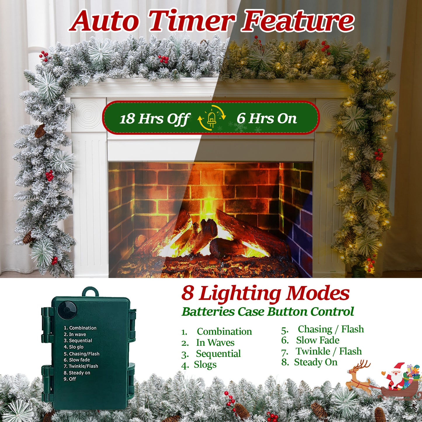 9FT Pre-Lit Christmas Garland with LED Lights, Snow Flocked Xmas Garland for Outdoor Indoor Xmas Decoration Home Fireplace Front Stairs Railing Decor, Battery Operated