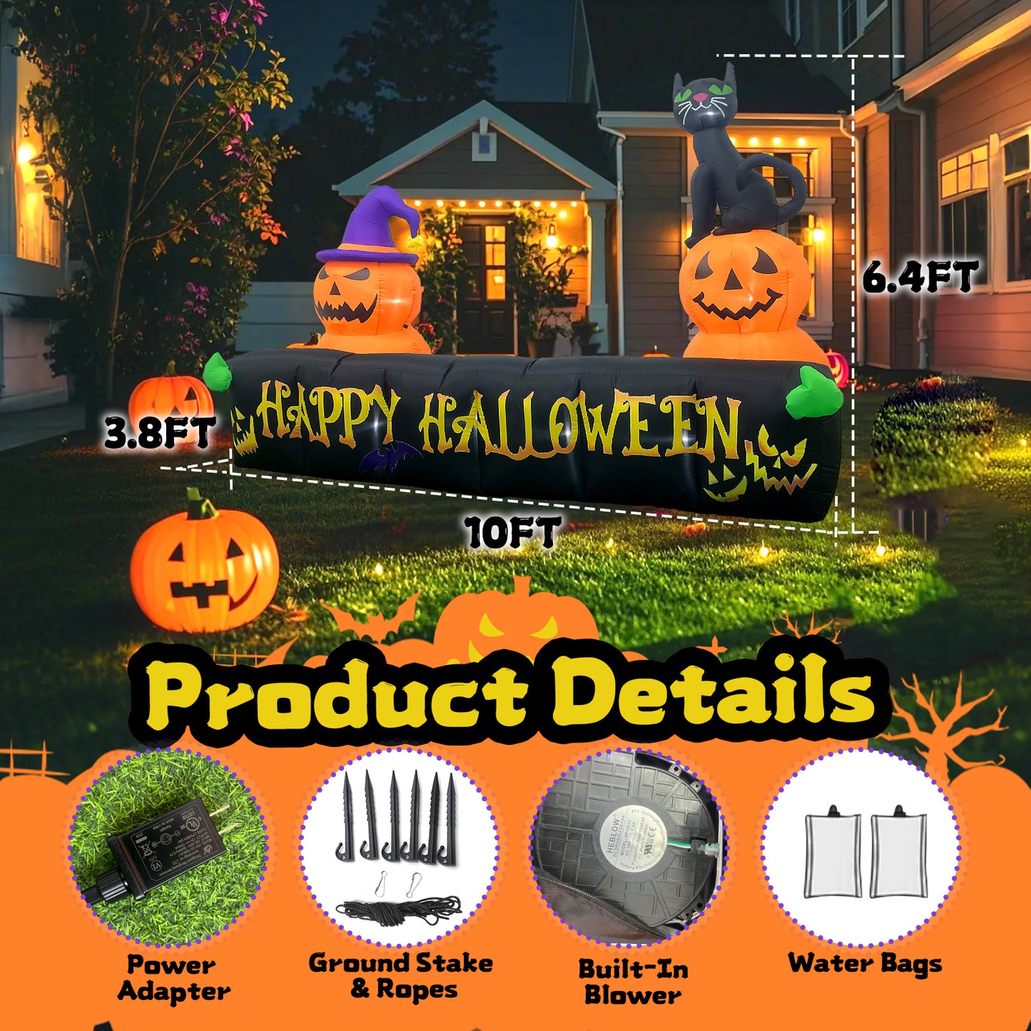 10Ft Long Halloween Inflatable Decorations with LED Lights, Happy Halloween Sign with Pumpkin and Cat for Yard Lawn Yard Home Party Indoor Outdoor