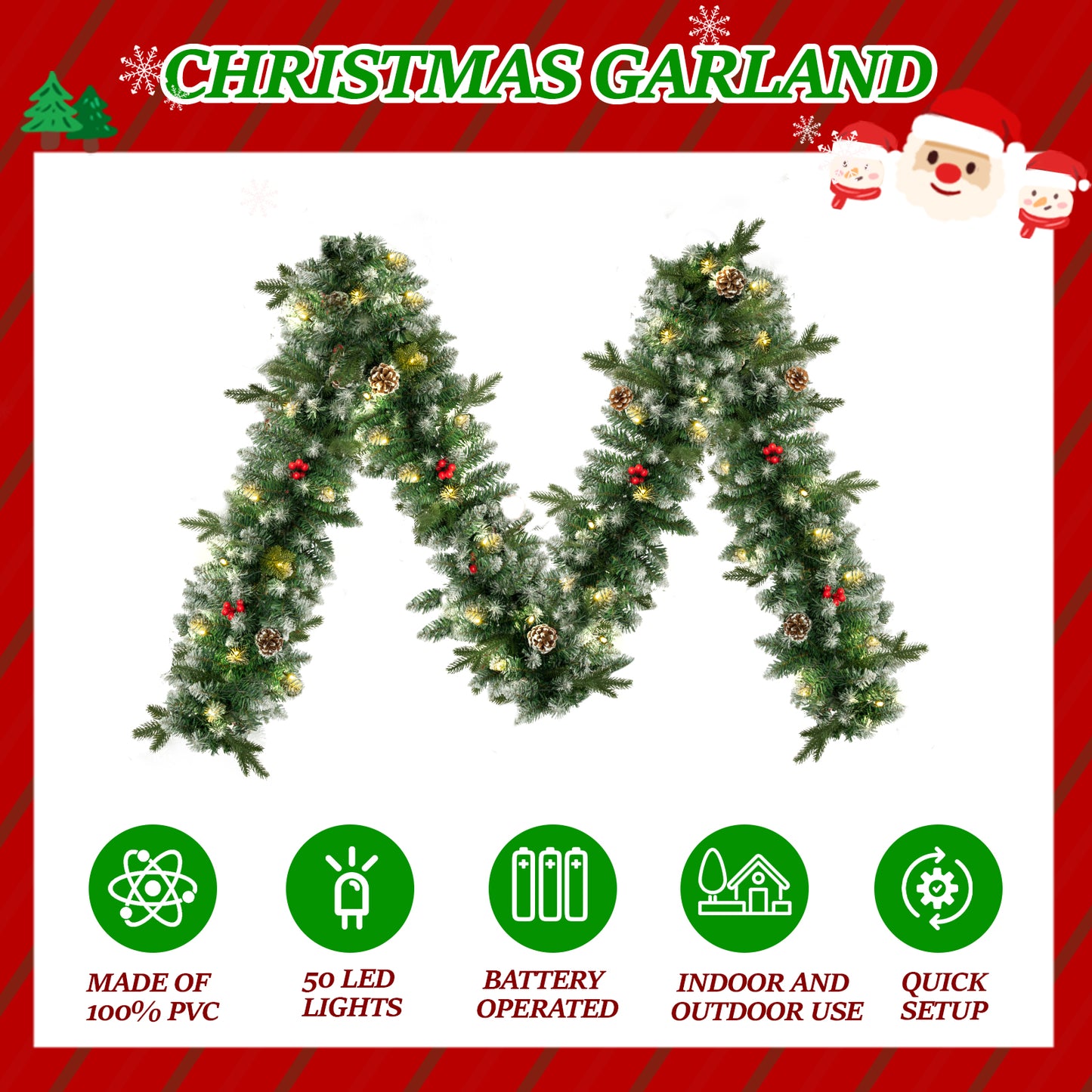 Melliful 9FT Pre-Lit Christmas Garland with Lights, Red Berries Branches Pine Cones Artificial Christmas Decoration for Outdoor Indoor Decor