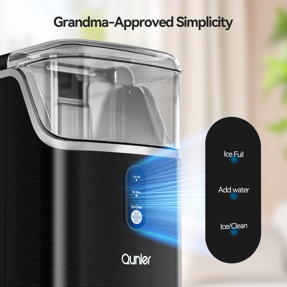 Qunler Nugget Ice Maker Countertops, 33lbs Per Day Portable Pebble ice machine, Crushed ice maker with Soft Chewable Ice for Home, Party, RV, Camping, Stainless Steel Black