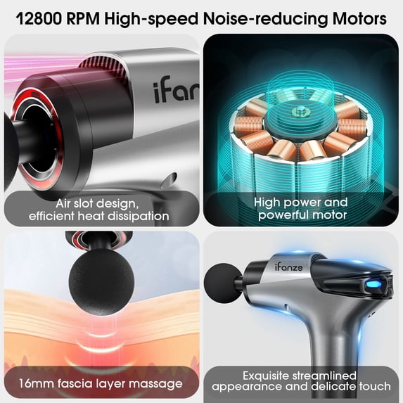 Posrue Massage Gun Deep Tissue, 5 Speeds Quiet Percussion Handheld Electric Muscle Massager with 8 Replacement Heads for Gym Office Home Post-Workout Recovery, Gray