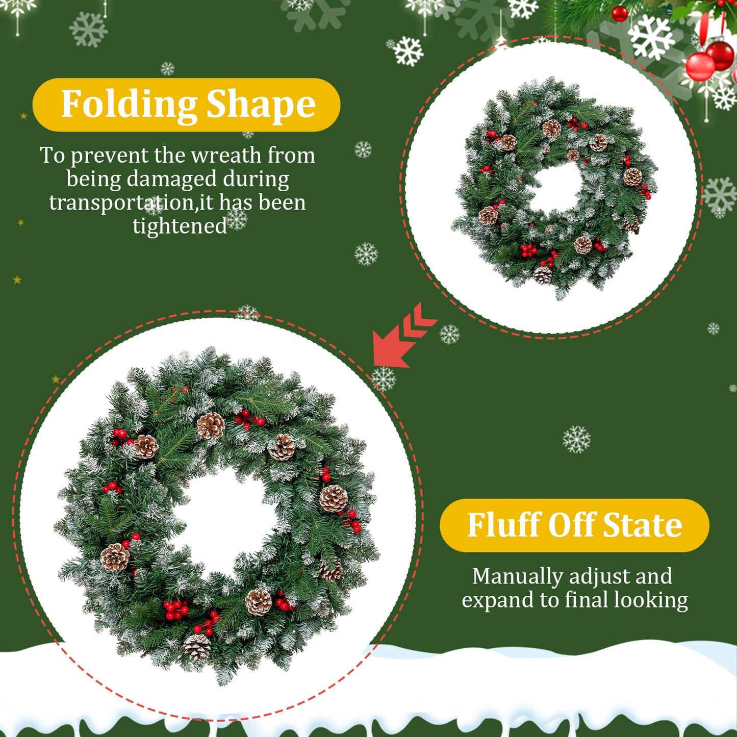 Posrue 24" Pre-Lit Christmas Wreaths, Outdoor Lighted Christmas Wreath for Front Door, Christmas Red Berries, Pine Cones Wreath, Xmas Wreath Decor for Window Fireplace Indoor, Green