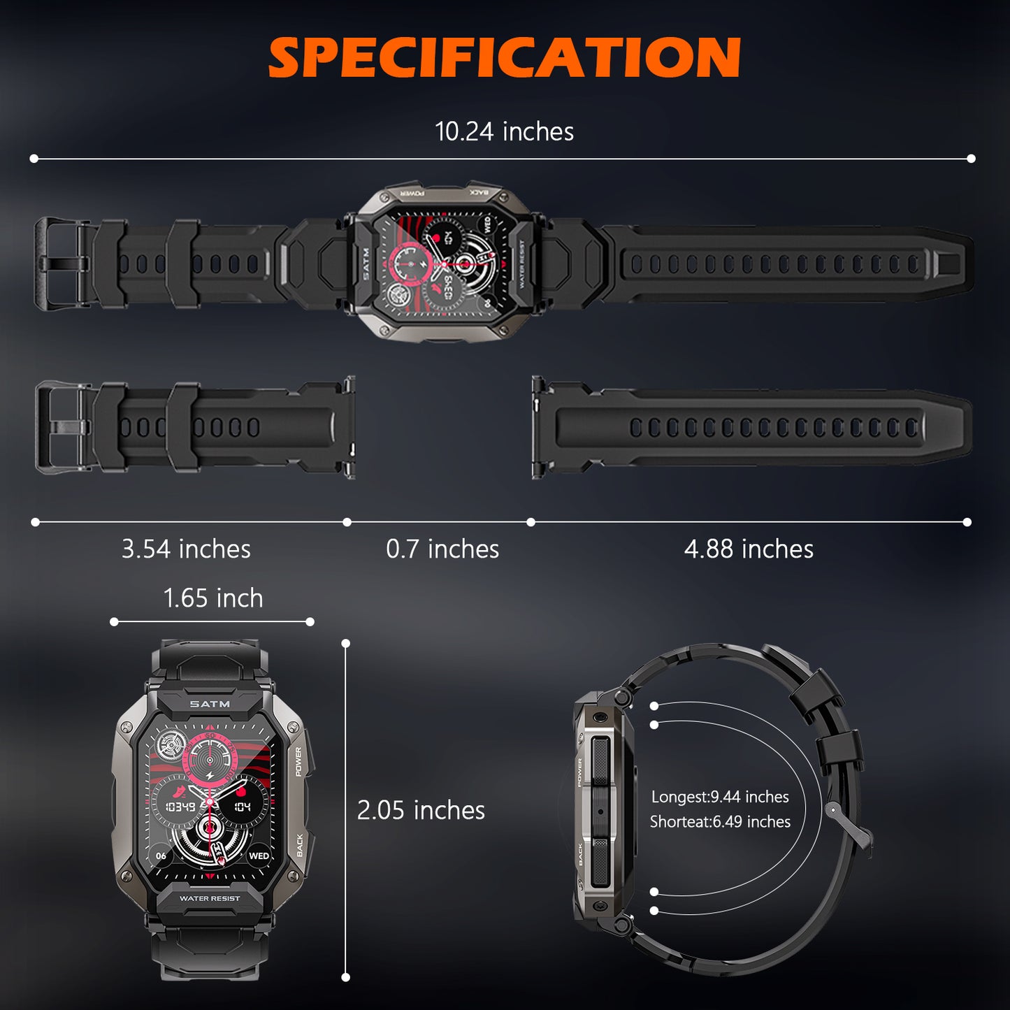 Military Smart Watches for Men, 1.81'' HD Outdoor Sports Rugged Smartwatch for Android and iPhone Compatible, Black