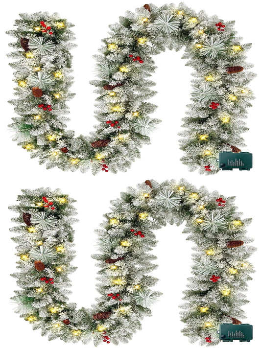 2 Pack 9ft Pre-Lit Snow Flocked Christmas Garland with LED Lights w/ 8 Modes & Timer for Outdoor Indoor Xmas Decoration Fireplace Stairs Railings Decor, Battery Operated
