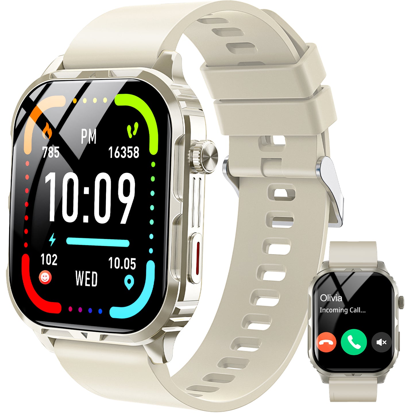 Posrue H5 Smart Watch with Bluetooth Call, IP68 Waterproof Fitness Tracker for Women and Men, Beige