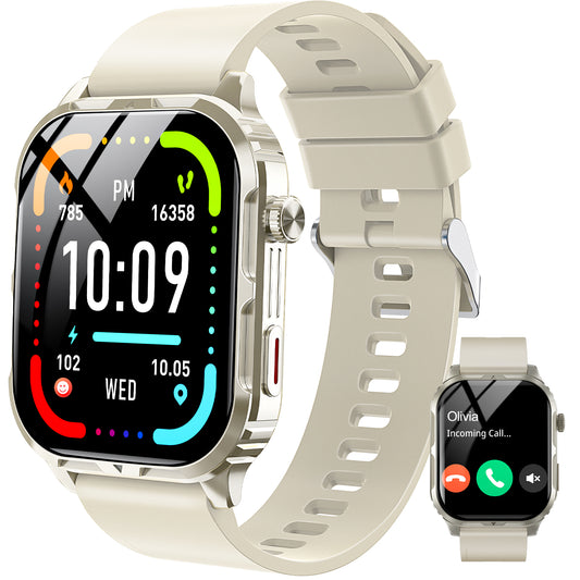 Posrue H5 Smart Watch with Bluetooth Call, IP68 Waterproof Fitness Tracker for Women and Men, Beige