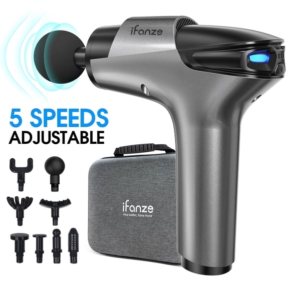 Posrue Massage Gun Deep Tissue, 5 Speeds Quiet Percussion Handheld Electric Muscle Massager with 8 Replacement Heads for Gym Office Home Post-Workout Recovery, Gray