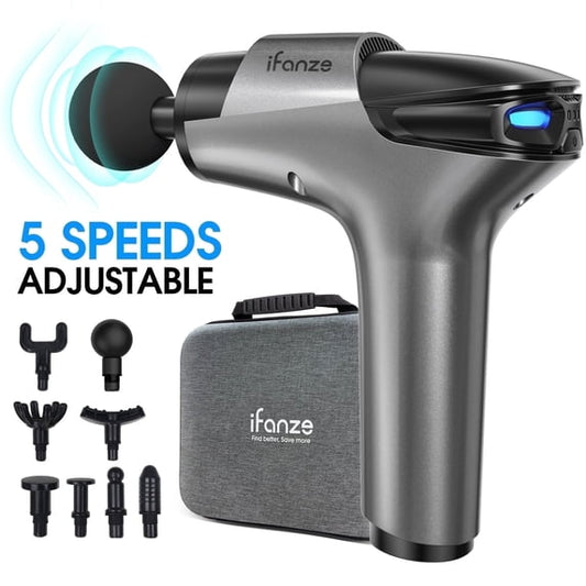 Posrue Massage Gun Deep Tissue, 5 Speeds Quiet Percussion Handheld Electric Muscle Massager with 8 Replacement Heads for Gym Office Home Post-Workout Recovery, Gray
