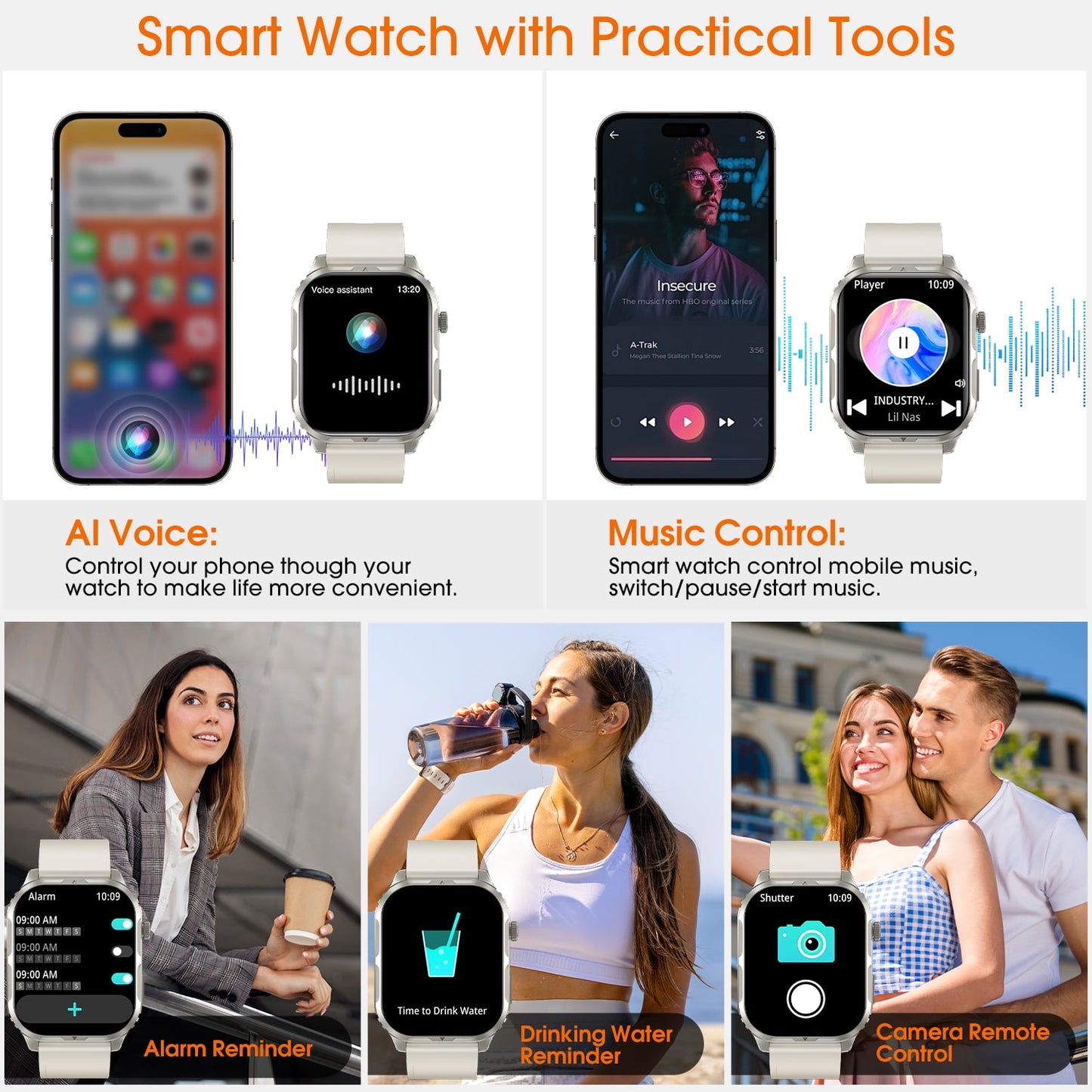 Posrue H5 Smart Watch with Bluetooth Call, IP68 Waterproof Fitness Tracker for Women and Men, Beige