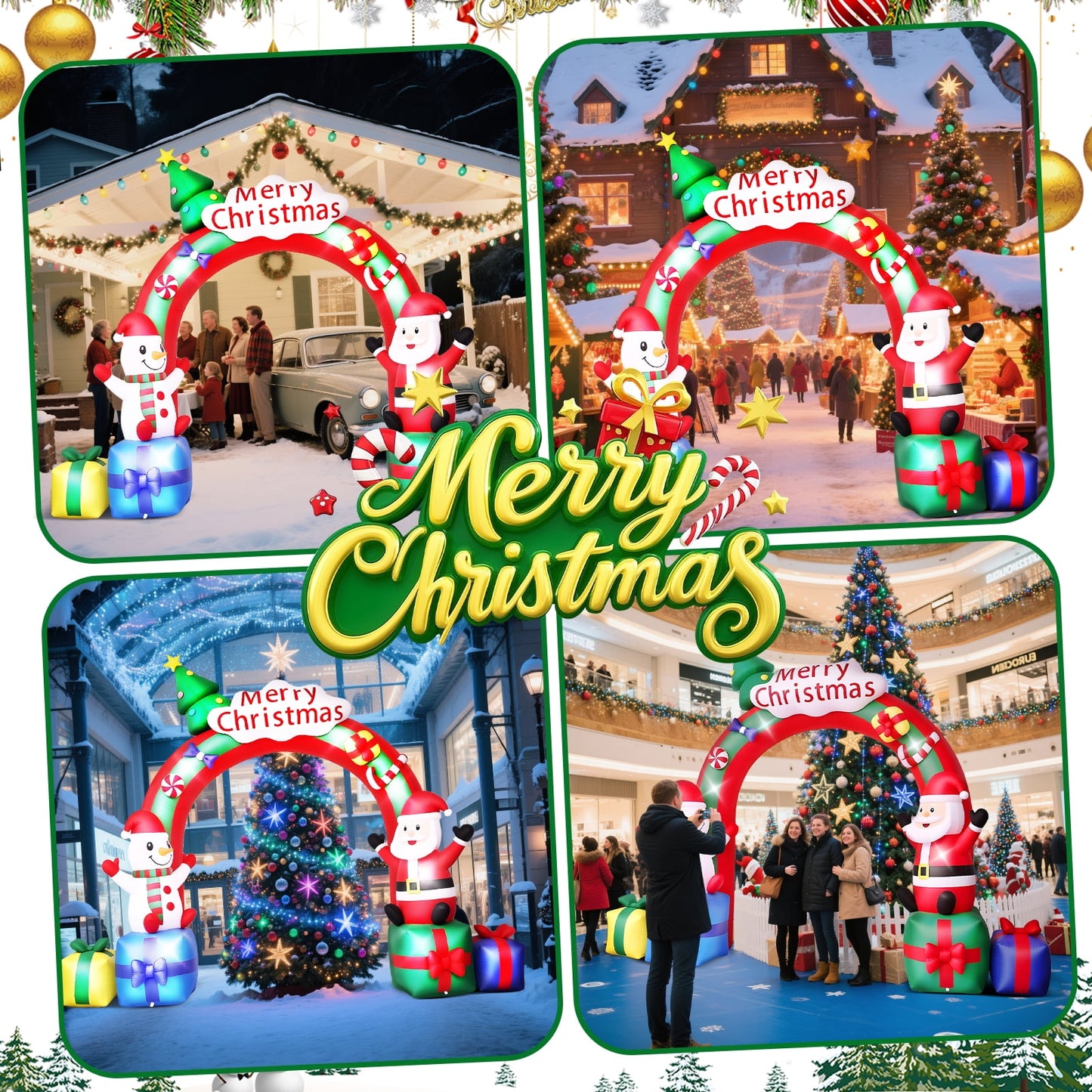 10FT Long Christmas Inflatable Archway Santa Claus and Snowman with Bow LED Lights Yard Art Decoration