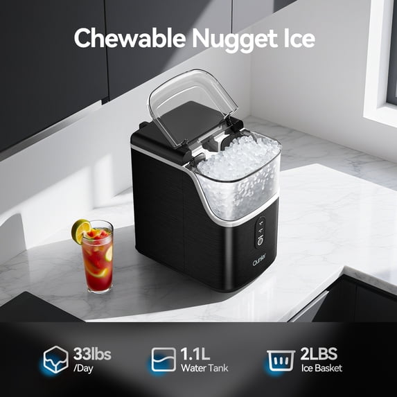 Qunler Nugget Ice Maker Countertops, 33lbs Per Day Portable Pebble ice machine, Crushed ice maker with Soft Chewable Ice for Home, Party, RV, Camping, Stainless Steel Black