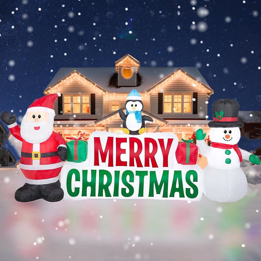 10ft Long Christmas Inflatables, Lighted Merry Christmas Sign with Santa Claus, Snowman, and Penguin, Giant Blow Up Outdoor Christmas Lawn Yard Decoration