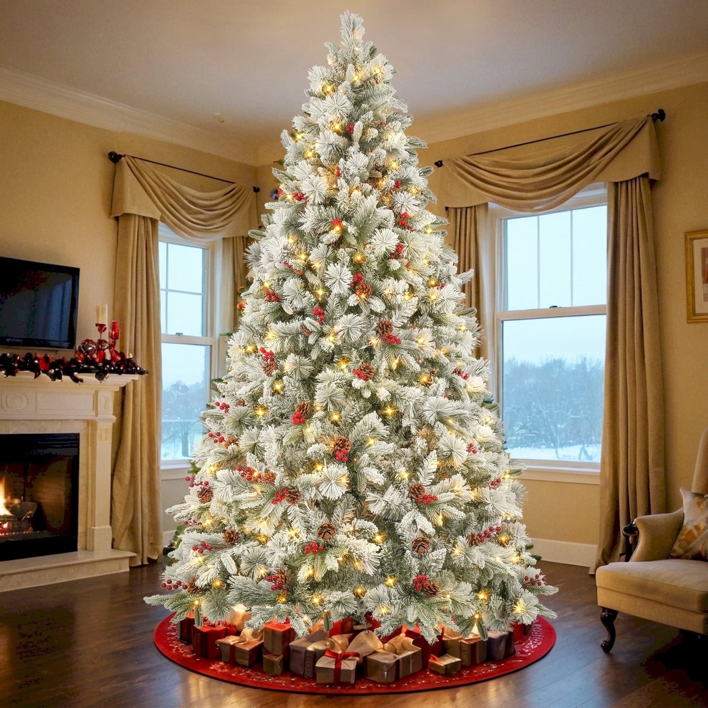 Posrue Pre-Lit Snow Flocked Christmas Tree, 7.5ft Hinged Christmas Tree with 1158 Snowy Tips & 350 Warm White/Multicolored 8 Modes LED Lights, Artificial Pine Tree for Xmas Holiday Decor