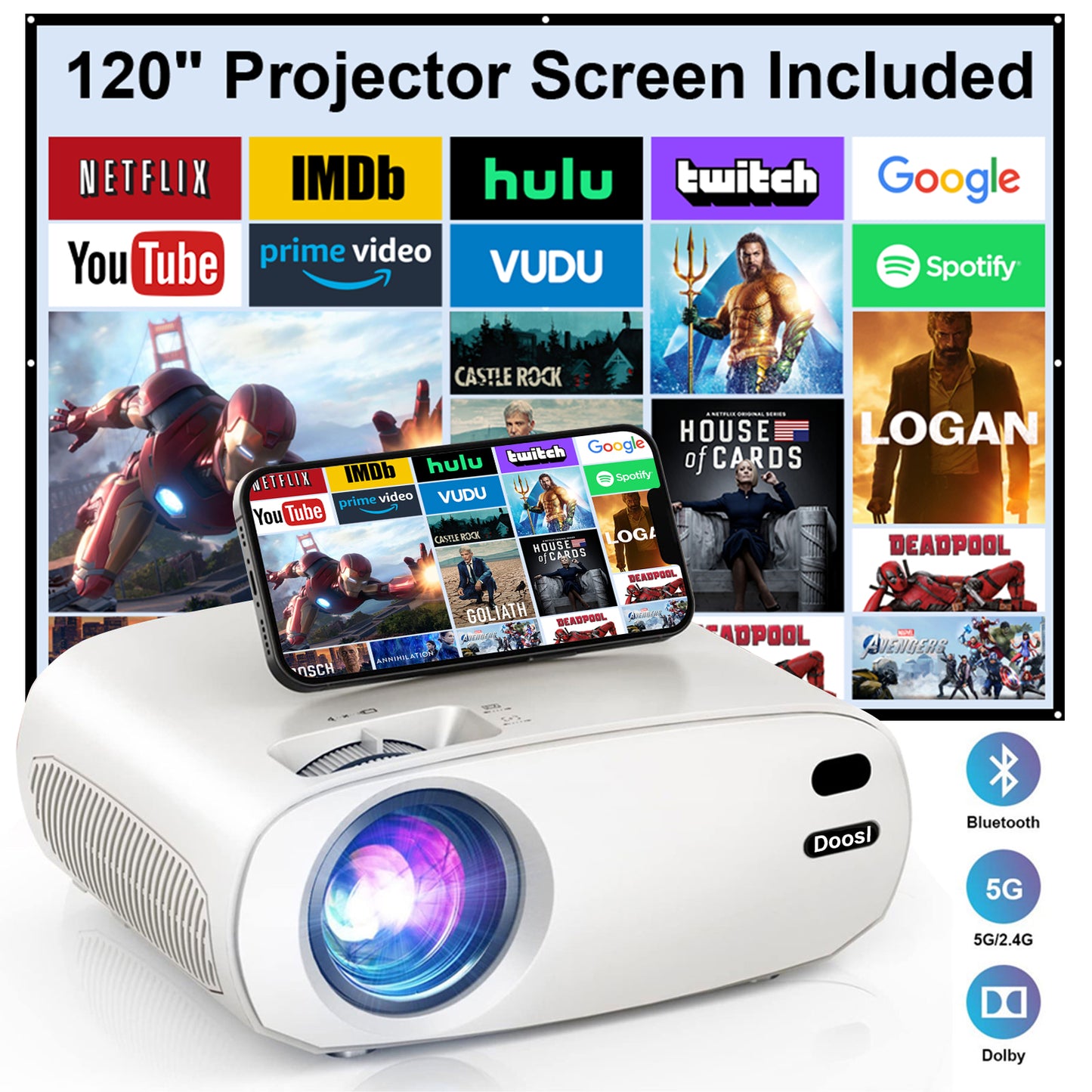 Doosl WiFi Bluetooth Projector, 5G Native 1080P Mini Projector with 120" Projector Screen, 9200L 210" Display Outdoor Movie Projector with Dolby, HDMI, VGA, AV, USB and Remote Controller