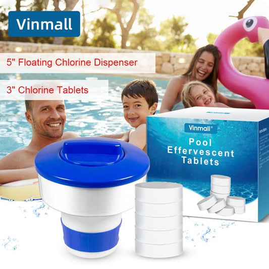 Vinmall 3 Inch Pool Chlorine Tablets, Long Lasting Chlorine Tablets with 5" Floating Chlorine Dispenser, Chlorine Tabs for Small Pool, Spas and Tubs Cleaning£¬200g(5pcs)