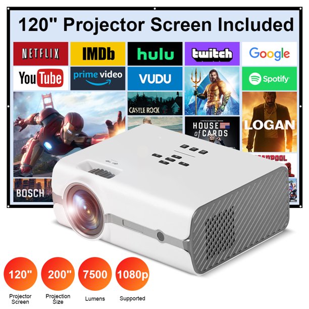 Doosl Mini Projector with 120 inch Projector Screen, 1080P Supported Outdoor Projector, 7500LM Portable Movie Projector for Home Theater Compatible with TV Stick HDMI USB AV